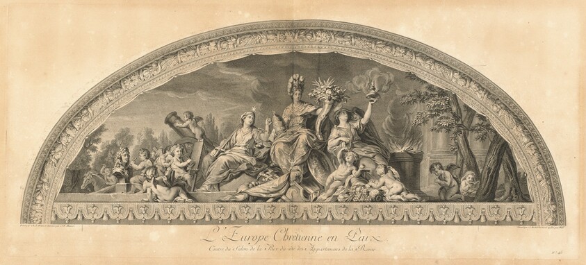 L'Europe Chrêtienne en Paix Cintre du Salon de la Paix du côté des appartemens de la Reine (Christian Europe in Peace, Center of the Salon of Peace next to the Queen's Chambers) [pl. 45]