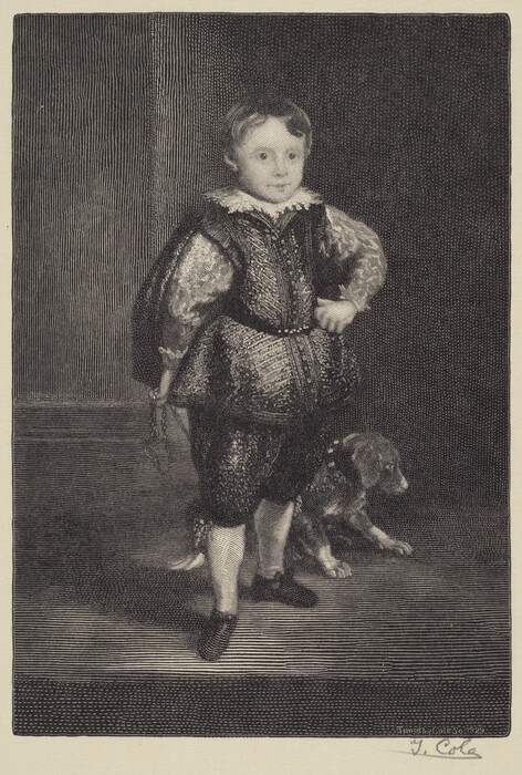 The image shows a young boy standing confidently with one hand on his hip. He has short, neatly combed hair and a cherubic face. The boy is dressed in an elaborate period costume, including a textured tunic with wide sleeves, an ornate collar, knee-length pants, stockings, and pointed shoes. Beside him is a small dog sitting on the floor. The background is a simple textured wall and floor. The engraving includes the artist's signature, Timothy Cole, in the bottom right corner.