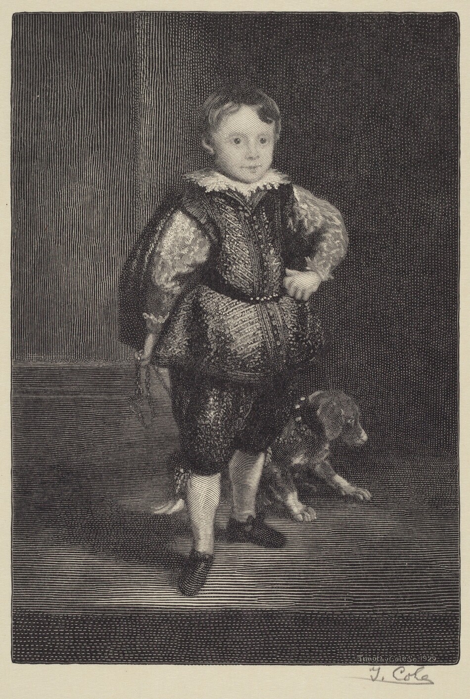 The image shows a young boy standing confidently with one hand on his hip. He has short, neatly combed hair and a cherubic face. The boy is dressed in an elaborate period costume, including a textured tunic with wide sleeves, an ornate collar, knee-length pants, stockings, and pointed shoes. Beside him is a small dog sitting on the floor. The background is a simple textured wall and floor. The engraving includes the artist's signature, Timothy Cole, in the bottom right corner.