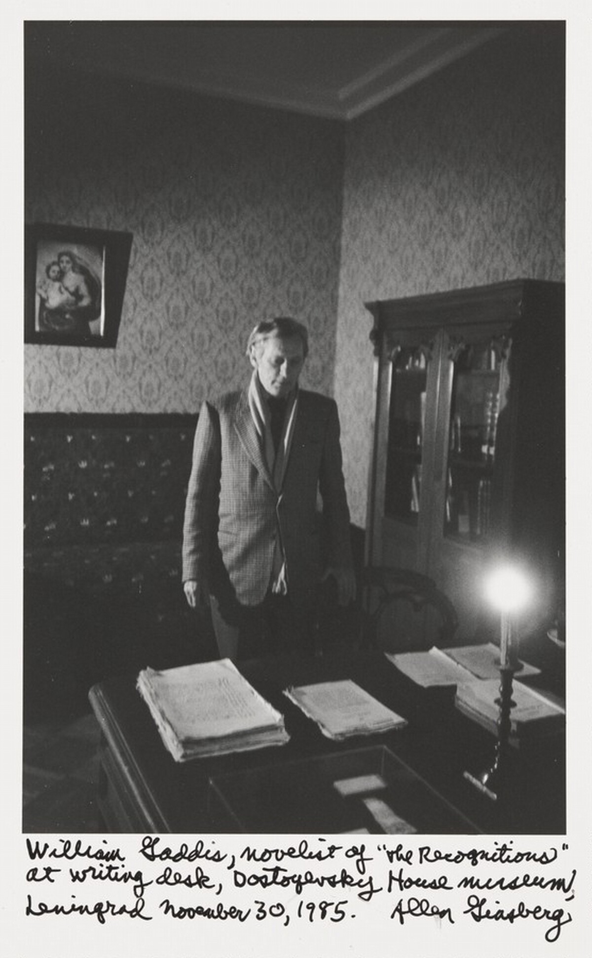 William Gaddis, novelist of "The Recognitions" at writing desk, Dostoyevsky House museum, Leningrad November 30, 1985