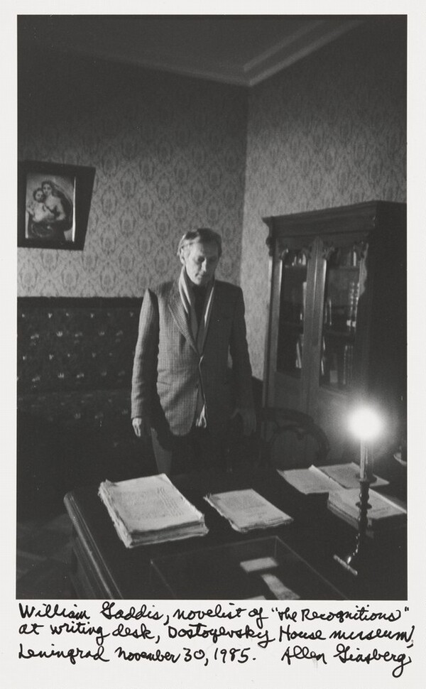 William Gaddis, novelist of "The Recognitions" at writing desk, Dostoyevsky House museum, Leningrad November 30, 1985