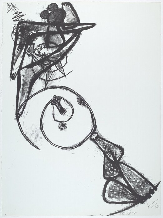 The image displays swirling, curved lines intersecting with jagged and angular shapes, creating an abstract composition. There is a large, bold dark shape near the top resembling an abstracted flower or cloud formation. Towards the bottom, a spiral shape suggests a snail's shell. The design suggests organic forms or possibly mechanical cogs intermingling with natural elements.