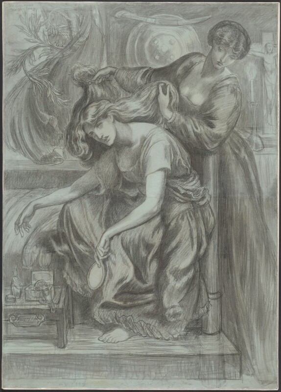 One woman sits and bends forward, bracing her elbows on her wide-spread knees as a second woman combs her long hair in this vertical black chalk drawing on pale blue paper. Both have straight, strong noses, wide-set eyes, full, rounded lips, and pointed chins in thin faces. The seated woman’s knees are turned to our left, but she turns her head to look over our left shoulder with her lips parted. Her right arm extends almost straight so her hand lies limp beyond her right knee, and she holds an oval hand mirror tucked against her voluminous skirts in her other hand. The bodice and sleeves of her dress have been taken off, and they hang loosely around her waist. Her chemise has short, loose sleeves, and one bare foot peeks out from under her long skirt. A low table next to her shins, to our left, holds toiletries and bottles, and a bed set up on a platform separates her from the back wall of the room. She sits on the edge of the bed near the footboard. The second woman stands on the floor behind the bed and platform, reaching over the footboard to hold up the first woman’s hair with both hands. The second woman’s dress has long, puffy sleeves and a low, square-cut neckline. Her hair is pulled back under a twisted head band. She leans to one side, coming toward us, to look down at the seated woman from over one shoulder. A tree branch whips around the edge of a swirling curtain in the background to the left. To the right are a round shield and short sword, a lit candle in a tall candlestick, and a crucifix. An in scription in chalk in the top left corner of the drawing reads, “Desdemona’s Death-Song.” Along the bottom edge, more writing reads, “46 6/8 x 29 6/8 hanging sleeve more to side clear of dress.”