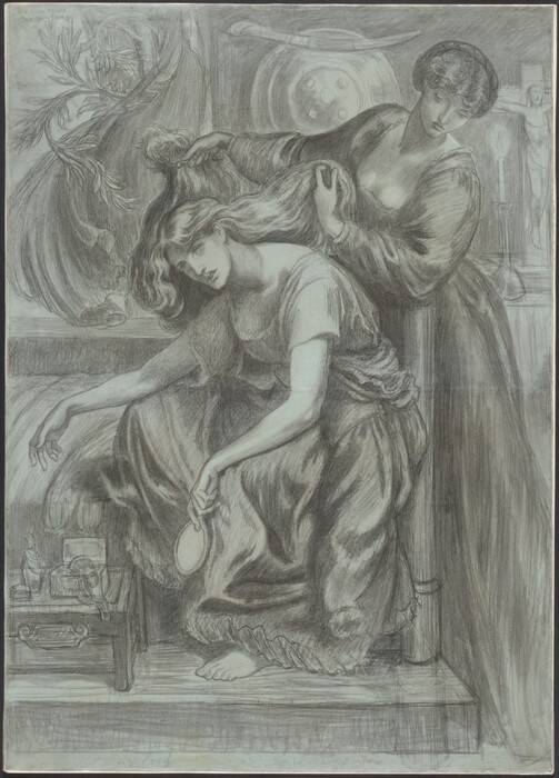 One woman sits and bends forward, bracing her elbows on her wide-spread knees as a second woman combs her long hair in this vertical black chalk drawing on pale blue paper. Both have straight, strong noses, wide-set eyes, full, rounded lips, and pointed chins in thin faces. The seated woman’s knees are turned to our left, but she turns her head to look over our left shoulder with her lips parted. Her right arm extends almost straight so her hand lies limp beyond her right knee, and she holds an oval hand mirror tucked against her voluminous skirts in her other hand. The bodice and sleeves of her dress have been taken off, and they hang loosely around her waist. Her chemise has short, loose sleeves, and one bare foot peeks out from under her long skirt. A low table next to her shins, to our left, holds toiletries and bottles, and a bed set up on a platform separates her from the back wall of the room. She sits on the edge of the bed near the footboard. The second woman stands on the floor behind the bed and platform, reaching over the footboard to hold up the first woman’s hair with both hands. The second woman’s dress has long, puffy sleeves and a low, square-cut neckline. Her hair is pulled back under a twisted head band. She leans to one side, coming toward us, to look down at the seated woman from over one shoulder. A tree branch whips around the edge of a swirling curtain in the background to the left. To the right are a round shield and short sword, a lit candle in a tall candlestick, and a crucifix. An in scription in chalk in the top left corner of the drawing reads, “Desdemona’s Death-Song.” Along the bottom edge, more writing reads, “46 6/8 x 29 6/8 hanging sleeve more to side clear of dress.”