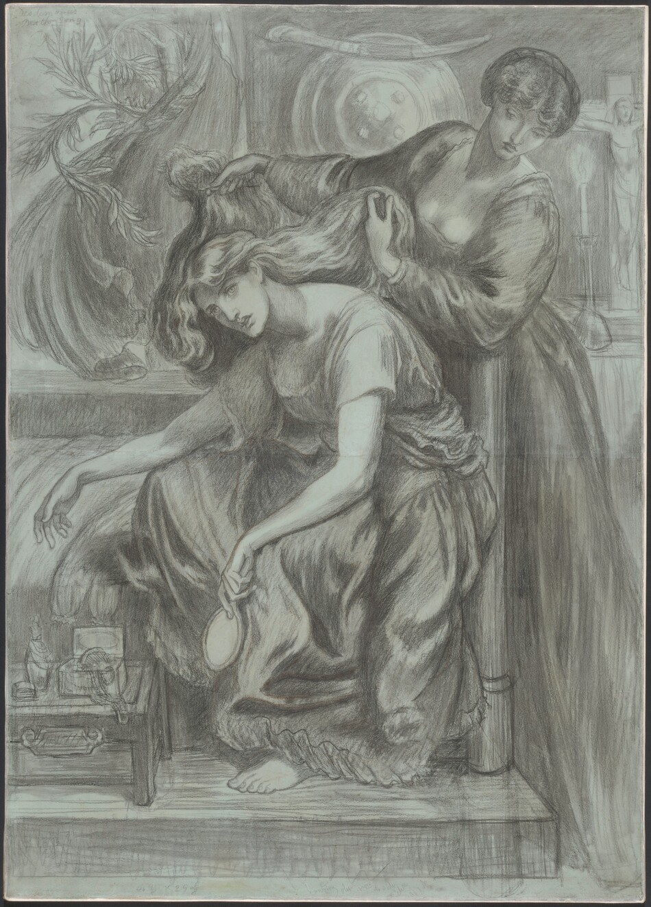 One woman sits and bends forward, bracing her elbows on her wide-spread knees as a second woman combs her long hair in this vertical black chalk drawing on pale blue paper. Both have straight, strong noses, wide-set eyes, full, rounded lips, and pointed chins in thin faces. The seated woman’s knees are turned to our left, but she turns her head to look over our left shoulder with her lips parted. Her right arm extends almost straight so her hand lies limp beyond her right knee, and she holds an oval hand mirror tucked against her voluminous skirts in her other hand. The bodice and sleeves of her dress have been taken off, and they hang loosely around her waist. Her chemise has short, loose sleeves, and one bare foot peeks out from under her long skirt. A low table next to her shins, to our left, holds toiletries and bottles, and a bed set up on a platform separates her from the back wall of the room. She sits on the edge of the bed near the footboard. The second woman stands on the floor behind the bed and platform, reaching over the footboard to hold up the first woman’s hair with both hands. The second woman’s dress has long, puffy sleeves and a low, square-cut neckline. Her hair is pulled back under a twisted head band. She leans to one side, coming toward us, to look down at the seated woman from over one shoulder. A tree branch whips around the edge of a swirling curtain in the background to the left. To the right are a round shield and short sword, a lit candle in a tall candlestick, and a crucifix. An in scription in chalk in the top left corner of the drawing reads, “Desdemona’s Death-Song.” Along the bottom edge, more writing reads, “46 6/8 x 29 6/8 hanging sleeve more to side clear of dress.”