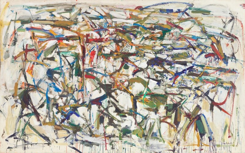 Bold lines in saturated earthy brown, moss green, harvest yellow, raspberry red, topaz and royal blue slice across an eggshell-white background in this horizontal, abstract painting. Most of the brustrokes are horizontal but there are some diagonal and vertical lines. All are evenly spaced across much of the composition but are more sparce at the edges. Some of the paint drips like rain pouring down a windowpane, especially across the bottom. The artist signed the canvas near the lower right corner, “j. mitchell.”