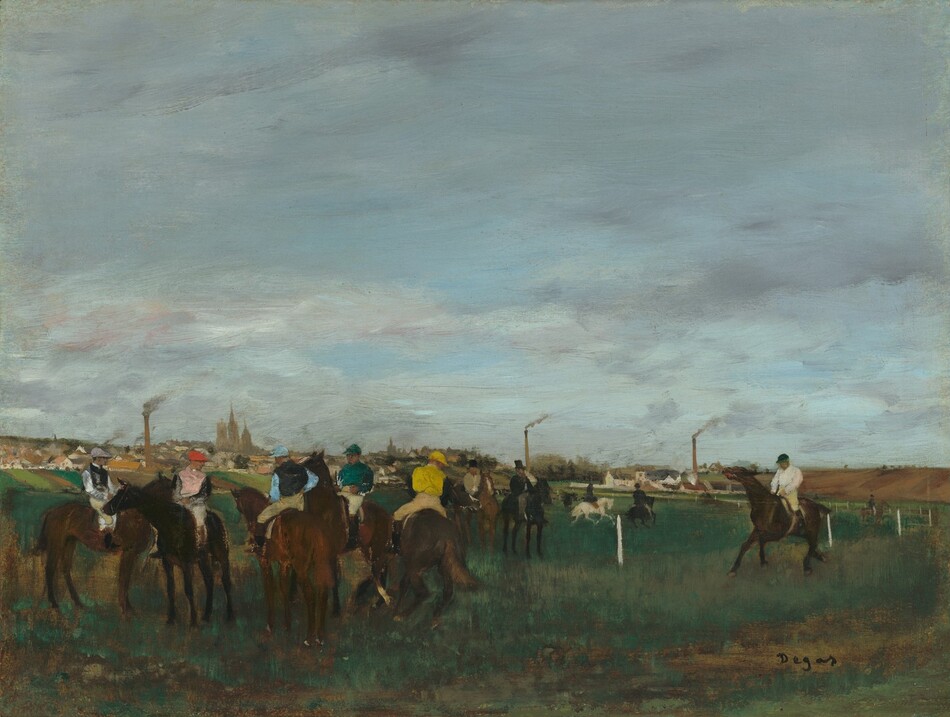 Six jockeys wearing colorful silks sit astride brown and black horses on a grassy field in this horizontal painting. Two more riders wearing top hats sit a bit farther back from the group, and two horses run on a grass track behind that. Five of the jockeys are together in the lower left quadrant. From left to right, they wear a black jersey with white sleeves, pink with black sleeves, black with sky-blue sleeves, emerald green, and canary yellow. The sixth jockey approaches from the right and wears white. The horizon comes about a third of the way up the composition, and the lawn is painted with blended strokes of spruce green and tawny brown. Three smokestacks belching smoke line the horizon, and three towers, two with spires, presumably represent a church in the deep distance to the left. Strokes of ochre yellow, beige, cream white, and brown represent houses clustered along the horizon. Lilac-purple-tinged clouds sweep across the watery blue sky above. The landscape is loosely painted with visible or blended strokes. The artist signed the lower right corner, “Degas.”