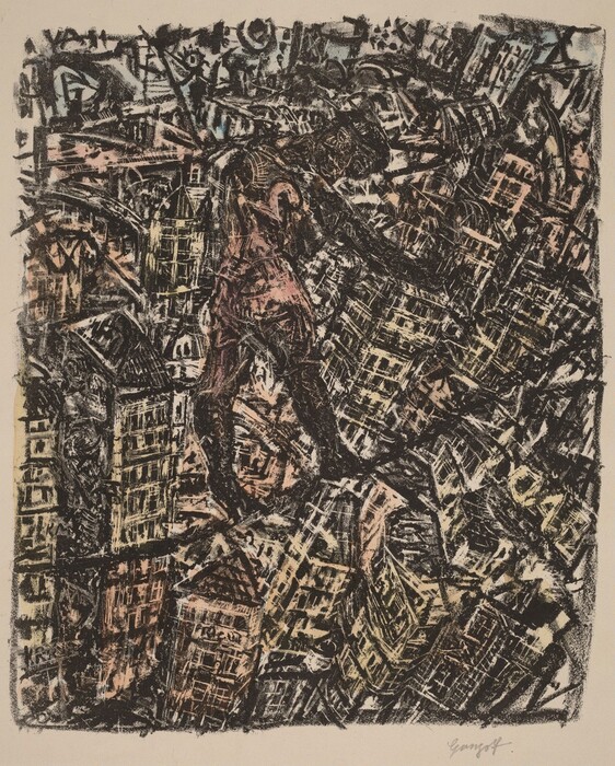 The image features jagged lines and shapes forming an abstract composition. A human figure is at the center, surrounded by rectangular forms resembling buildings. The chaotic design suggests a bustling urban landscape, with angular shapes mimicking skyscrapers. Circular and curved forms at the top hint at a city skyline or machinery, adding complexity and movement.