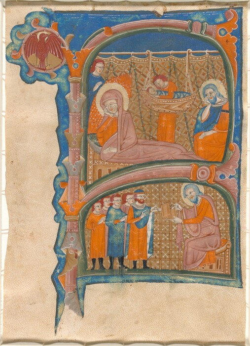 This is a painting of a religious scene with two distinct panels. In the top panel, a figure is reclining in a bed, with a halo, while another haloed figure sits nearby, and a third figure tends to a cradle holding an infant. The bottom panel shows a seated figure writing in a book with an attentive audience of figures standing before him. The style resembles a medieval manuscript illumination, with vivid colors, gold accents, and intricate detailing on the garments and background. The painting uses an architectural framework motif to divide the two narrative scenes. The color palette includes deep reds, blues, and golds, and the background is patterned.
