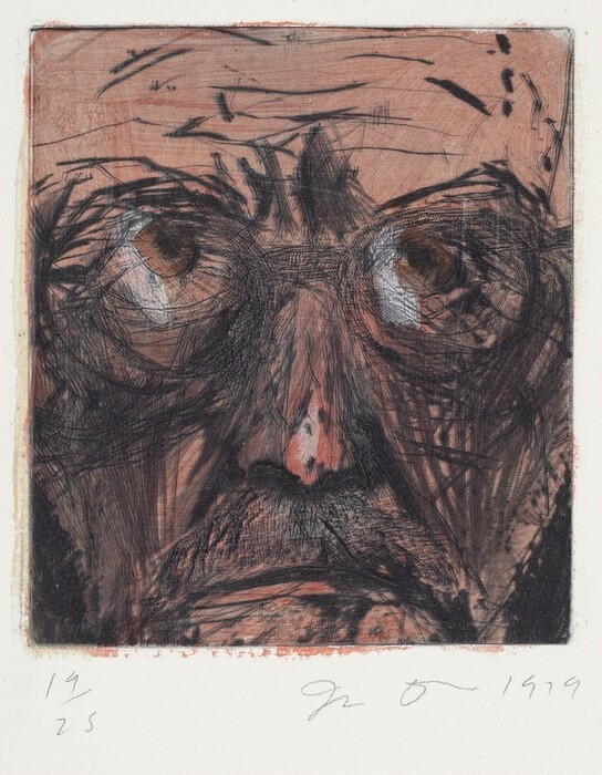 The image depicts a close-up view of a person's face, highlighting the upper portion which includes the forehead, eyes, nose, and part of the mouth. The person's eyes are wide open and the eyebrows are densely drawn. Details of the facial expressions and features are visible. The skin is textured with lines, and the hair looks sparse. There is no clothing, background, objects, or jewelry visible. The background is a neutral textured surface.