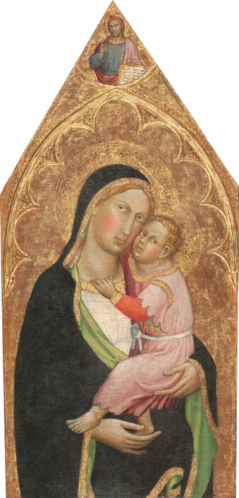 Shown from the hips up, a woman holds a baby up so they are cheek-to-cheek in front of a gold background in this vertical painting, which has a triangular top. Both have pale skin and pink-flushed cheeks. The woman’s body is angled slightly to our right, but she looks off to our left from the corners of her brown eyes. Her thin eyebrows are low over her almond-shaped eyes, and she has a long, straight nose and a narrow, square jaw. Her blond hair is mostly covered by a dark blue cloak, which is edged in gold and lined in leaf green. Her white dress underneath is also lined with gold along the neckline. The baby wraps one arm around her neck and grips the neckline of her dress with the other. He has a round face but with an adult-like nose and lips. His blond hair curls in short layers over his ears. He wears a pink robe tied with a white sash. The robe has scallop-edged, short sleeves over coral-red long sleeves, also edged with gold. The woman supports the baby’s bottom with one hand and holds one of his bare feet with her other. Their halos are punched into the gold background, and gilded molding creates a pointed arch over the pair. A third person, tiny in scale, is shown from the waist up in the tip of the panel. This man has long, wavy blond hair and is clean-shaven. His body and face are square to us, but he looks off to our right from the corners of his eyes. He wears a pale blue robe under a rose-pink cloak. He braces an open book so the written text on the splayed pages faces us with one hand. His other is lifted by his chest with the first two fingers raised. He also has a halo and is in front of a gold background. The gold background is rubbed in some areas to show the red layer beneath it, especially under the pointed arch.