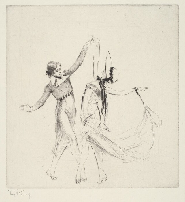 This is a drawing of two costumed dancers in a theatrical pose. The image depicts two figures engaged in a dance. The figure on the left is posed with arms extended, wearing a costume with a fitted jacket. The figure on the right is partially obscured, showing a gown or skirt and an elaborate headdress. Thin lines outline the figures, giving a sense of elegance and movement.