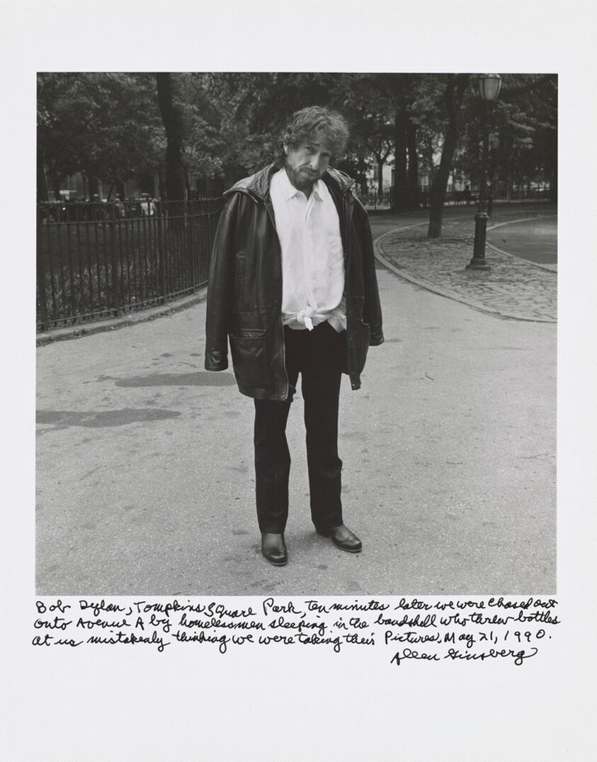 Bob Dylan, Tompkins Square Park, ten minutes later we were chased out onto Avenue A by homeless men sleeping in the bandshell who threw bottles at us mistakenly thinking we were taking their pictures. May 21, 1990.
