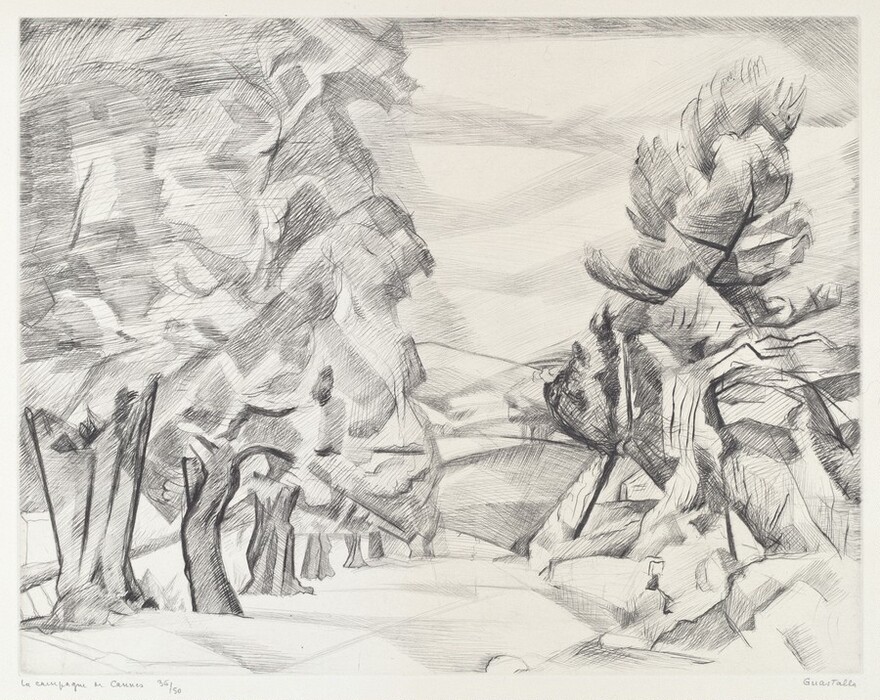 The image shows a landscape view with trees, rocks, and terrain. The artwork does not use brushstrokes but relies on lines and cross-hatching techniques to create depth. The color palette is monochromatic, using variations of gray. Tree trunks are prominent in the foreground, leading to more trees and natural formations in the background. Lighter shading in the background suggests an open sky.