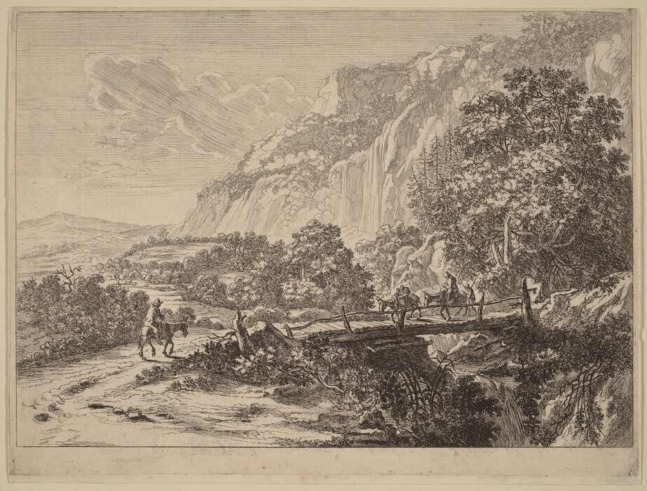 The image depicts a landscape from an elevated position, showing distant rolling hills and rugged terrain with a winding path. The artwork features intricate brushstrokes creating texture in trees and cliffs. The color palette is monochromatic with black and white shades, accentuating the detailed line work. In the foreground, a path leads to a bridge where figures on horseback cross a stream. The land extends towards the horizon with trees, hills, and a sky with soft clouds.