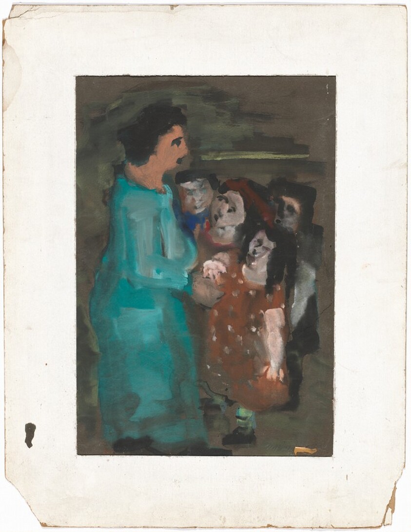 Standing Woman in a Green Dress with a Child