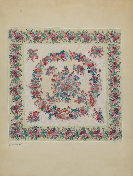 This is a painting of a floral design with a central motif. The bordered square painting features a complex arrangement of various flowers in vibrant colors including reds, blues, purples, and greens, forming an elaborate circular and symmetrical pattern in the center. The outer border of the painting continues the floral theme with a dense arrangement of flowers and leaves on a pale green background. A bird can be seen perched amidst the flowers in the central design. The use of detailed brushwork and vivid colors emphasizes the natural beauty and intricate design typical of decorative motifs. The background is a light color, adding contrast and making the intricate details stand out prominently.