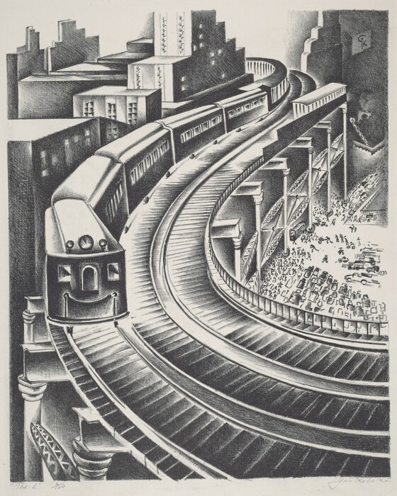The image displays elevated train tracks forming curved lines and angles, creating an abstract depiction of urban infrastructure. The lines converge and diverge throughout the composition, leading the viewer's eye. A train travels along the tracks, passing geometric buildings in the background. Light and shadow play off the structures, adding depth to the cityscape.