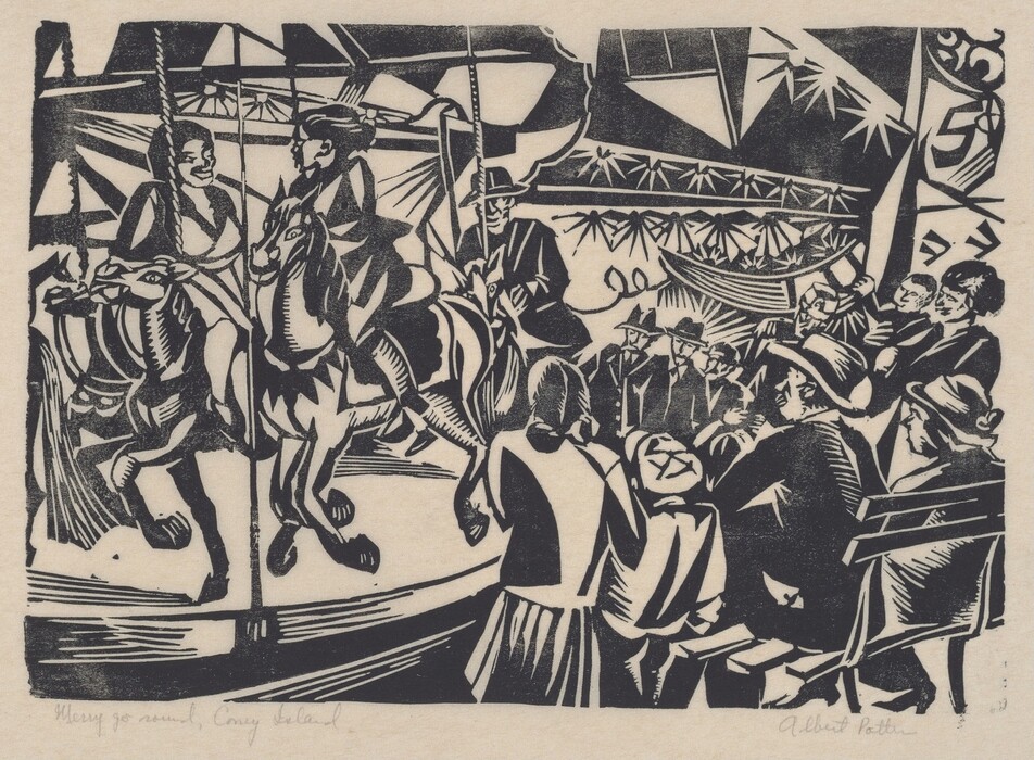 This is a drawing of a carousel scene at an amusement park. The image features carousel horses with riders, as well as spectators. The carousel is decorated in a festive manner. The style of the drawing is bold and utilizes high contrast between black and white, creating a dynamic and lively atmosphere.
