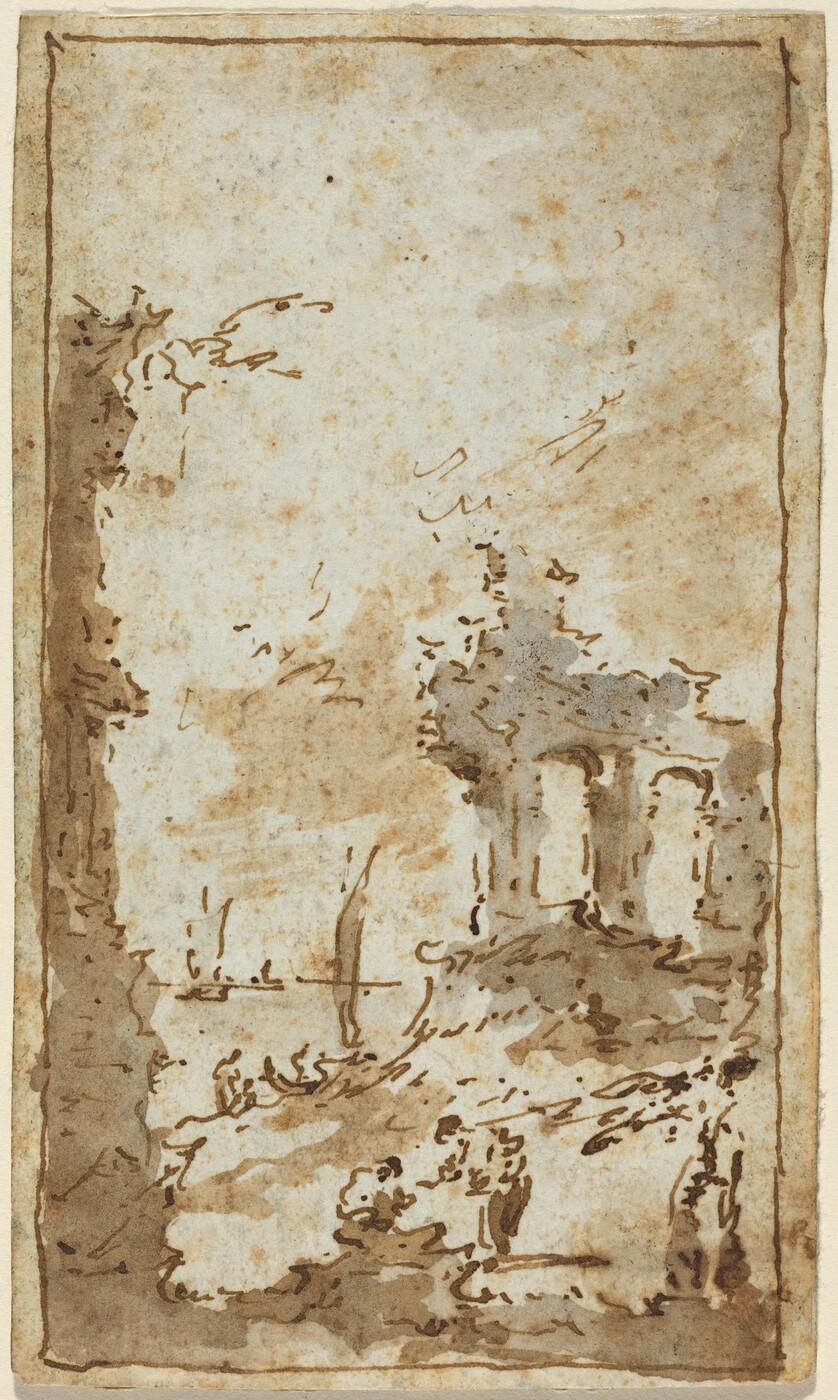 The image shows a vertical landscape seen from an elevated viewpoint. The horizon is suggested by a horizontal line just below the center, where the faint outline of water and possibly a sail can be seen. Close to us, there is a sketchy formation of lines and patches resembling natural and architectural elements, such as trees and ruins with arches, using loose and expressive brushstrokes typical of a quick ink and wash drawing. The color palette is subtle, mainly consisting of soft browns and muted creams, creating a gentle sepia tone throughout the piece. The overall composition is framed by a thin margin.