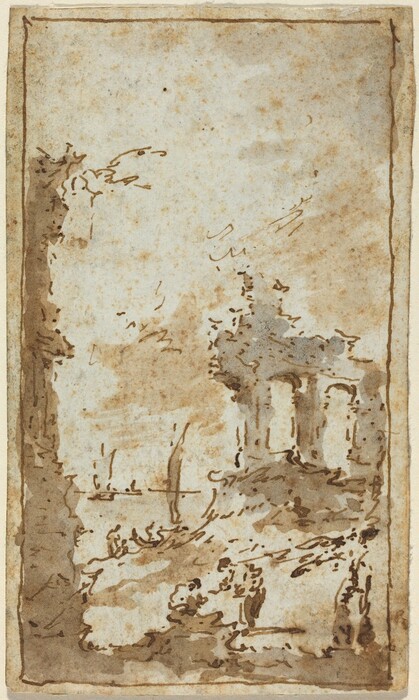 The image shows a vertical landscape seen from an elevated viewpoint. The horizon is suggested by a horizontal line just below the center, where the faint outline of water and possibly a sail can be seen. Close to us, there is a sketchy formation of lines and patches resembling natural and architectural elements, such as trees and ruins with arches, using loose and expressive brushstrokes typical of a quick ink and wash drawing. The color palette is subtle, mainly consisting of soft browns and muted creams, creating a gentle sepia tone throughout the piece. The overall composition is framed by a thin margin.