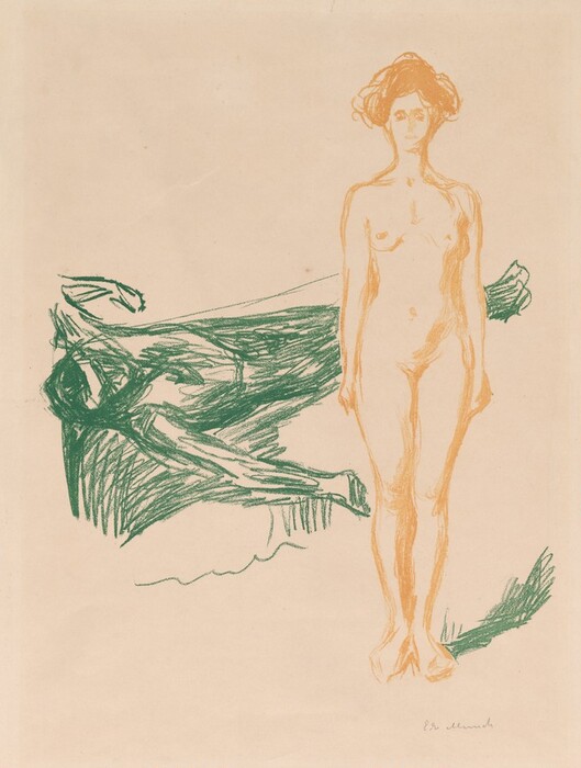 The image displays a full body illustration of a woman standing upright. Her posture is straight with both feet together, facing the viewer. The woman's facial features are minimally detailed, with a simple indication of eyes and mouth, and she has voluminous hair styled loosely around her head. She appears nude, depicted in an uncluttered manner with just basic line work defining her form. Surrounding her is a background featuring a sketchy drawing of a reclining figure in green, with loose, expressive lines that contrast with the more defined depiction of the standing woman. The overall background is plain and neutral, emphasizing the figures drawn in colored outlines. There is no jewelry visible, and the image is devoid of any additional objects or detailed setting elements.