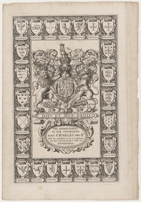 This is a drawing of a decorative coat of arms for King Charles II of England. The full description includes a central shield with multiple heraldic symbols, topped with a crown and sided by a lion and a unicorn as supporters. Surrounding the main coat of arms is a wide border filled with smaller shields representing the arms of various royal dynasties and regions historically connected to or ruled by the monarchy in England. At the bottom, a banner bears the motto "DIEU ET MON DROIT." The artwork features intricate detail and symmetry typical of 17th-century heraldic art.