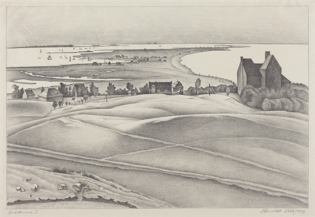 The image offers an elevated view of a coastal landscape. The horizon separates the sea from the sky. Small details like sailing boats can be seen on the water. The foreground features rolling hills depicted with smooth brushstrokes. A line of trees, houses, and a larger building can be spotted beyond the hills. The color palette is monochromatic, using shades of grey.