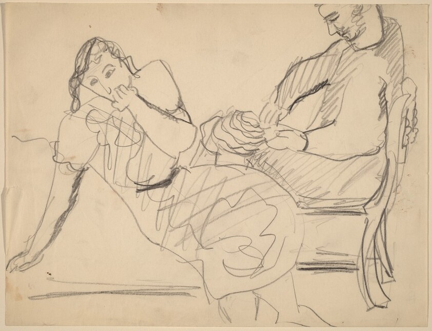 Seated Woman Leaning to Left, Man in Chair behind Her