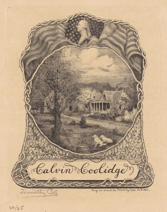 The image shows a highly detailed illustration with a central oval frame depicting a scenic landscape. The view appears elevated, looking down on a grassy area with a tree nearby, and a pathway leading to a house in the distance. The horizon is suggested by trees beyond the house and the cloudy sky above. The engraving features intricate lines and cross-hatching for texture and depth. The color scheme is monochromatic, using various shades of black and grey. Above the landscape is a portrait of a historical figure against an American flag, with the name "Calvin Coolidge" below, surrounded by decorative engravings.