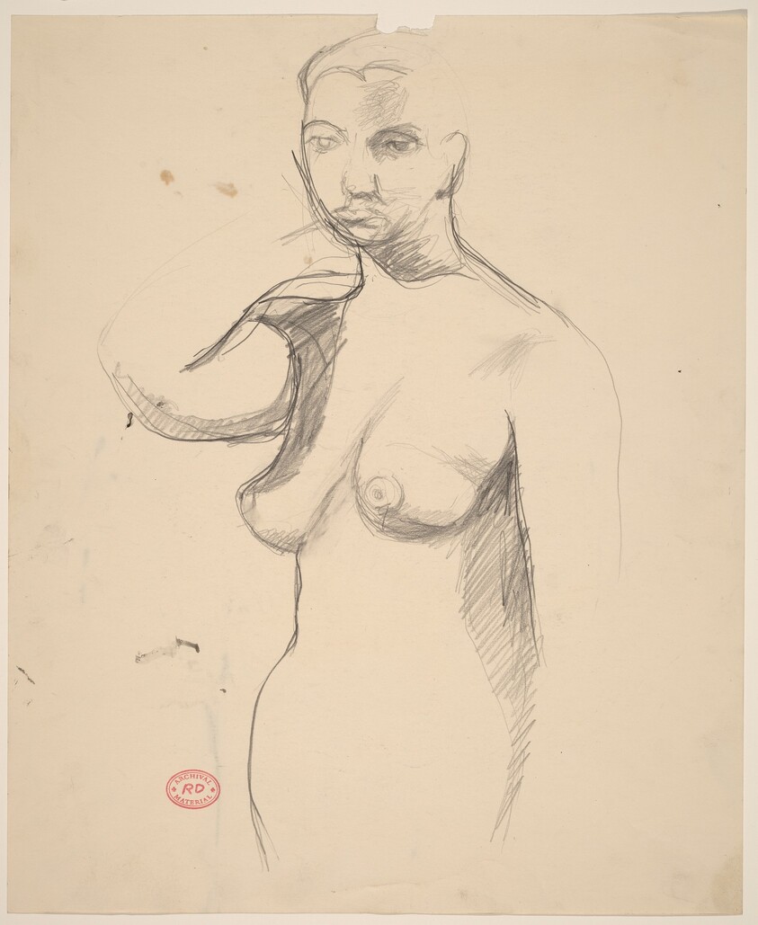 Untitled [standing female nude with raised right arm]