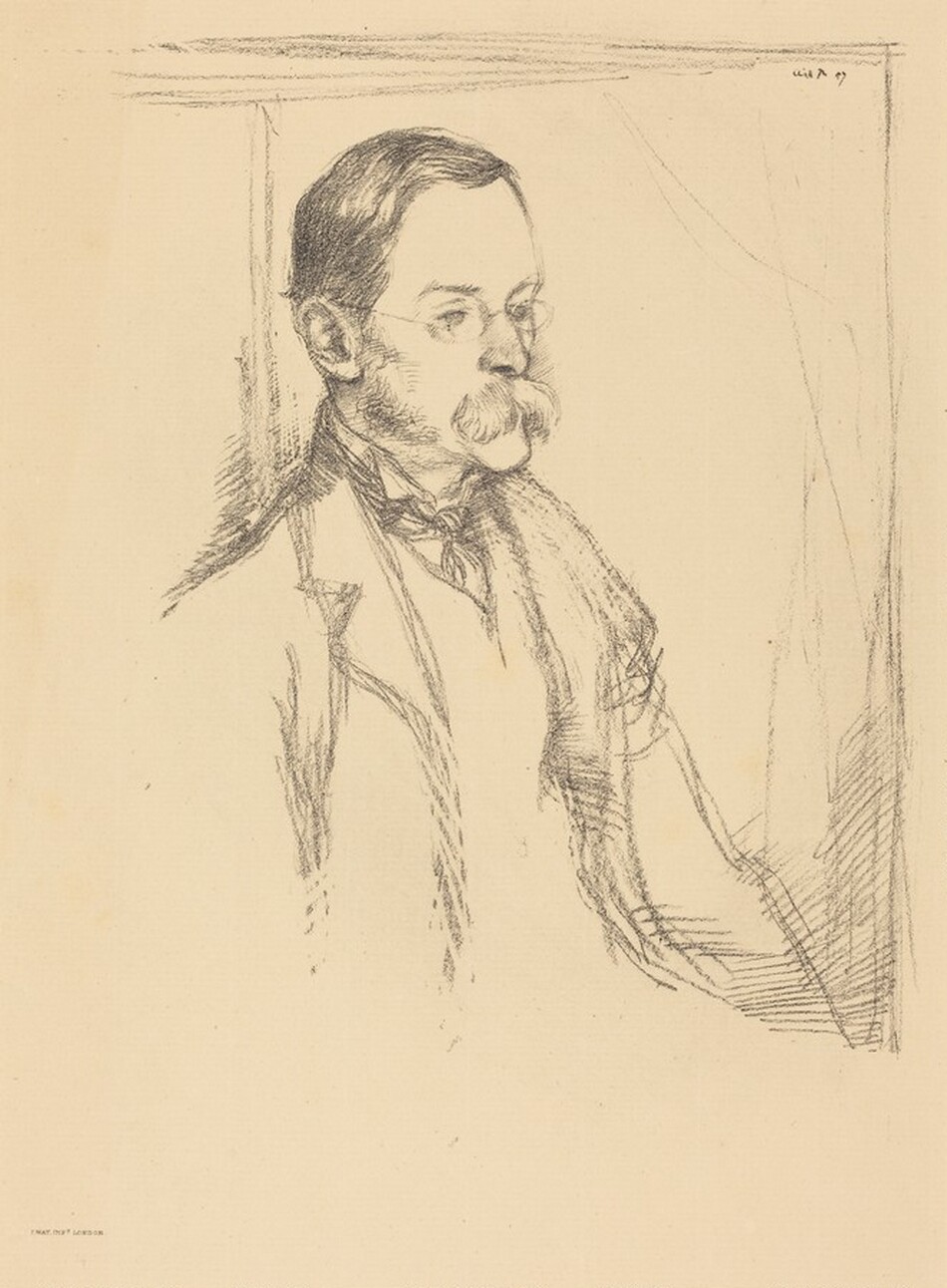 The image is a sketch of a man's upper body in profile view. He has distinct facial features, a moustache, and glasses. The man is dressed in a suit with a shirt and tie. The background is a simple interior setting.
