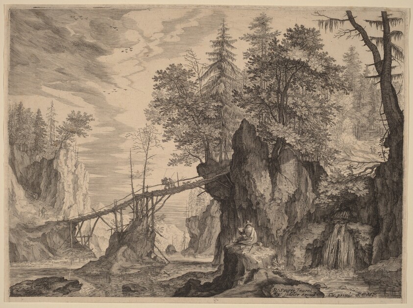 Draughtsman on a Stone before a Bridge