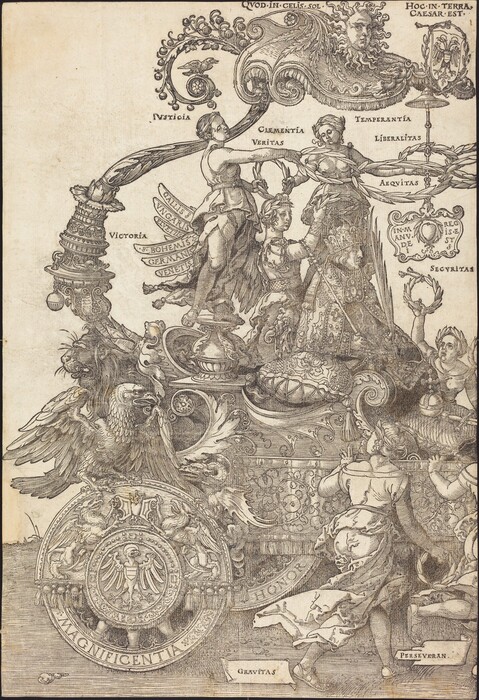 This image features a detailed allegorical scene. The drawing includes mythological figures, elaborate fabrics, classical attire, banners with words like "Iusticia," "Clementia," and "Veritas," a regal eagle on an emblem with heraldic symbols and Latin inscriptions like "MAGNIFICENTIA," decorative swirls, florals, and fantastical creatures such as a lion. The composition aims to create a harmonious balance between these elements, possibly representing virtues or qualities related to justice and truth.