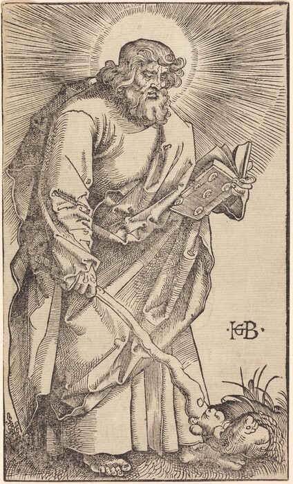 The image shows a figure standing upright, leaning slightly forward resting their weight on a long staff. The person has facial features with a large bushy beard and curly hair. They wear a long robe and hold an open book in one hand. A glowing halo surrounds their head. The background is simple, with some tufts of grass visible near the person's feet.
