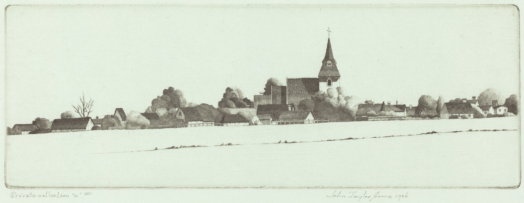 The image shows a landscape with a village featuring a central church. The horizon is low, emphasizing the village and church against the sky. The church has a steeple with a cross. The style uses fine lines to depict the buildings, trees, and landscape. The color palette is primarily gray and sepia. In the foreground, there is open land leading to the village. The sky is clear and expansive.
