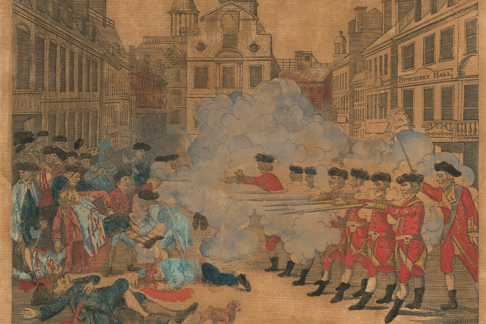 Printed with black lines and shading and then painted, a row of seven red-uniformed soldiers to the right fire rifles into a crowd of dozens in a town square in this vertical engraving. The soldiers are led by an eighth behind the line, who raises a sword. Blood gushes from wounded people to the left, who wear clothing in shades of marine and sky blue and brick red. A small brown dog stands near one dead person along the bottom of the composition, and two- and three-story buildings enclose the rectangular square behind the action. The sky is tinted blue along the top of the print, and a crescent moon is in the top left corner. An inscription near the dog in the image reads, “Engrav’d Printed & Sold by Paul Revere Boston.” Printed text over the image reads, “The Bloody Massacre perpetuated in King Street Boston on March 5th 1770 by a party of the 29th Regt.” Three columns of text below read, “Unhappy Boston! See thy Sons deplore, They hallowed Walks besmear’d with guiltless Gore. While faithless P—n and his savage Bands, With murd’rous Rancour stretch their bloody Hands; Like fierce Barbarainas grinning o’er their Prey, Approve the Carnage and enjoy the Day. If sealding drops from Rage from Anguish Wrung, If speeches Sorrows lab’ring for a Tongue, Or if a weeping World can ought appease, The plaintive Ghosts of Victims such as these; The Patriot’s copious Tears for each are shed, A glorious Tribute which embalms the Dead. But know, Fat summons to that awful Goal, Where Justice strips the Murd’rer of his Soul: Should venal C—ts the scandal of the Land, Snatch the relentless Villain from her Hand, Keen Execrations on this Plate inscribed, Shall reach a Judge who never can be brib’d.” Cursive printed script below reads, “The unhappy Sufferers were Sam’l Gray, Sam’l Maverick, Jam’s Caldwell, Crispus Attacuks & Pat’k Carr Killed. Six wounded, two of them (Christ’r Monk and John Clark) Mortally.”