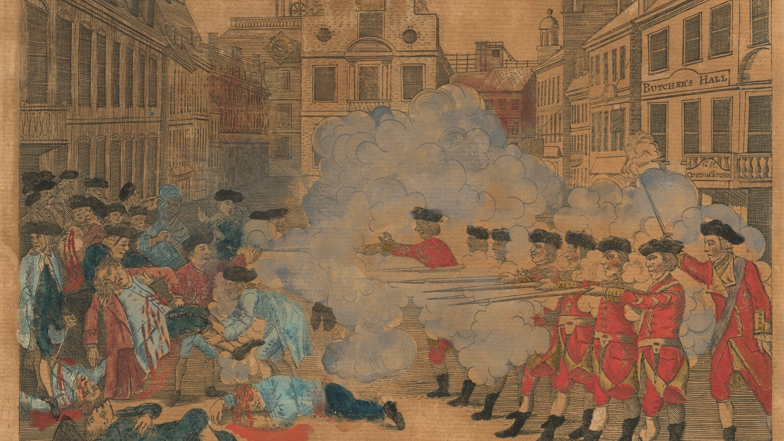 Printed with black lines and shading and then painted, a row of seven red-uniformed soldiers to the right fire rifles into a crowd of dozens in a town square in this vertical engraving. The soldiers are led by an eighth behind the line, who raises a sword. Blood gushes from wounded people to the left, who wear clothing in shades of marine and sky blue and brick red. A small brown dog stands near one dead person along the bottom of the composition, and two- and three-story buildings enclose the rectangular square behind the action. The sky is tinted blue along the top of the print, and a crescent moon is in the top left corner. An inscription near the dog in the image reads, “Engrav’d Printed & Sold by Paul Revere Boston.” Printed text over the image reads, “The Bloody Massacre perpetuated in King Street Boston on March 5th 1770 by a party of the 29th Regt.” Three columns of text below read, “Unhappy Boston! See thy Sons deplore, They hallowed Walks besmear’d with guiltless Gore. While faithless P—n and his savage Bands, With murd’rous Rancour stretch their bloody Hands; Like fierce Barbarainas grinning o’er their Prey, Approve the Carnage and enjoy the Day. If sealding drops from Rage from Anguish Wrung, If speeches Sorrows lab’ring for a Tongue, Or if a weeping World can ought appease, The plaintive Ghosts of Victims such as these; The Patriot’s copious Tears for each are shed, A glorious Tribute which embalms the Dead. But know, Fat summons to that awful Goal, Where Justice strips the Murd’rer of his Soul: Should venal C—ts the scandal of the Land, Snatch the relentless Villain from her Hand, Keen Execrations on this Plate inscribed, Shall reach a Judge who never can be brib’d.” Cursive printed script below reads, “The unhappy Sufferers were Sam’l Gray, Sam’l Maverick, Jam’s Caldwell, Crispus Attacuks & Pat’k Carr Killed. Six wounded, two of them (Christ’r Monk and John Clark) Mortally.”