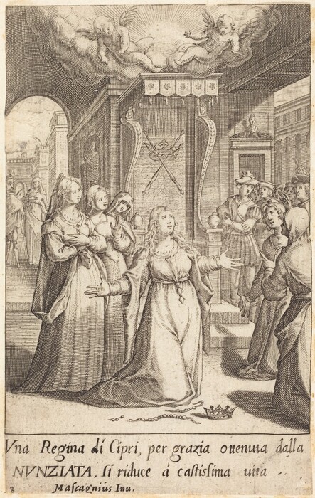 The image shows a central figure standing with her arms outstretched and gazing upward. She has long curly hair, delicate facial features, and is wearing a flowing gown with gathered sleeves, a belt, and an intricate necklace. In front of her on the ground are a crown and a rosary. Surrounding her are multiple figures, mainly women, dressed in similar attire. To the right, a group of people are gathered on steps leading up to a throne. In the background is a large architectural structure with a celestial display of clouds and cherubic figures illuminated by light.