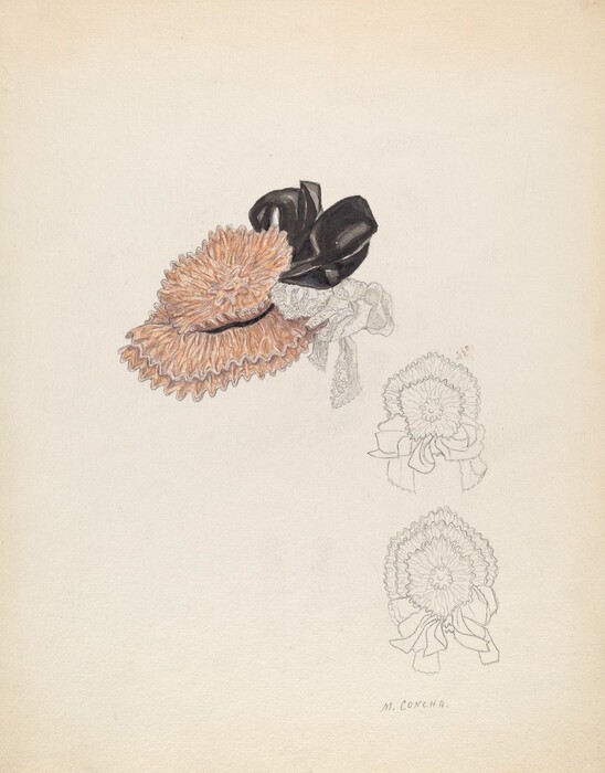 The image shows a detailed illustration of a floral hat with large, pinkish-brown flowers and a black bow on top in the upper left corner. Two unfinished pencil sketches of the same floral design are situated vertically on the right side of the image. The drawing in color is in the top left corner, while the sketches are in the lower right corner.