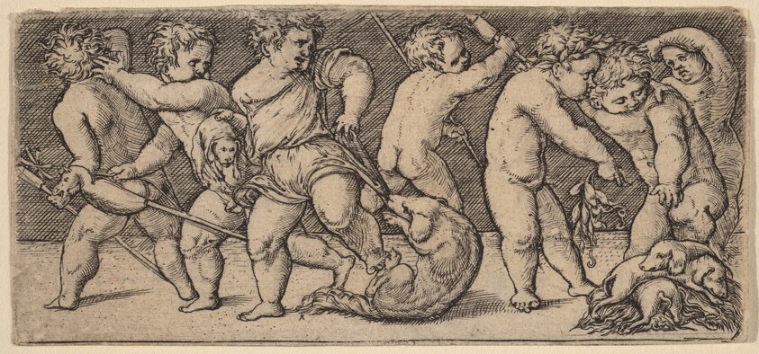 Children Playing with a Bitch and Three Young Dogs