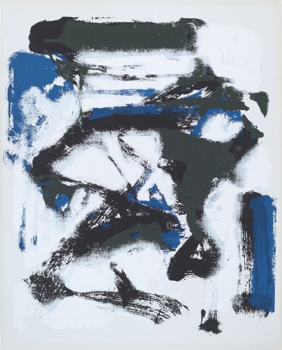 The image displays black and blue brushstrokes on a white background. The artwork includes bold shapes and dynamic lines. The contrast between dark and light areas creates depth. Texture in some areas suggests roughness. The composition can evoke waves or rocky formations.