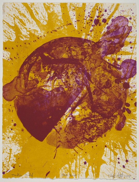 The image features a large central circular shape surrounded by splatters and lines in various directions. The circular form is painted in deep purple with complex textures and patterns, while the background includes vibrant yellow splatters. The composition could evoke a celestial body with dark markings. The yellow lines and splashes suggest movement and expansion in the artwork.