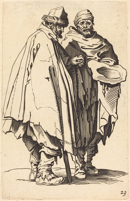 The image shows two individuals from head to toe. The person on the left is facing right, hunched over with a stick for support. They have a bushy beard, wear a brimmed hat, short-cropped hair, and a long cloak. The person on the right is standing straight, facing forward, with a long, disheveled beard, wearing a head wrap and loose clothing. They hold a hat in one hand. The background is plain.