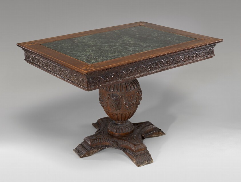 Walnut Pedestal Table with Inlaid Marble Top