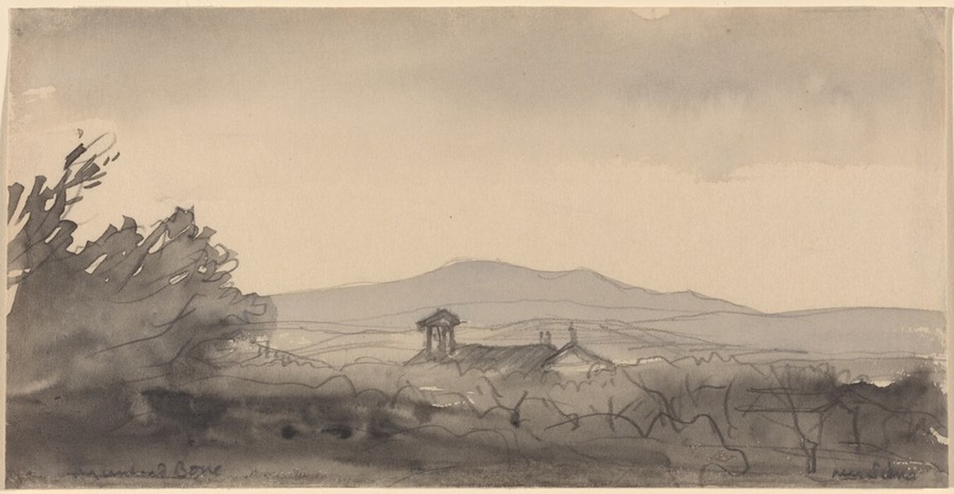 The image shows an elevated view of a landscape with rolling hills in the distance and buildings with a tower-like structure in the middle. The brushstrokes are fluid, depicting vegetation loosely. The color palette includes soft grays and earth tones. Trees are depicted expressively with dynamic lines. The sky above is lightly washed.