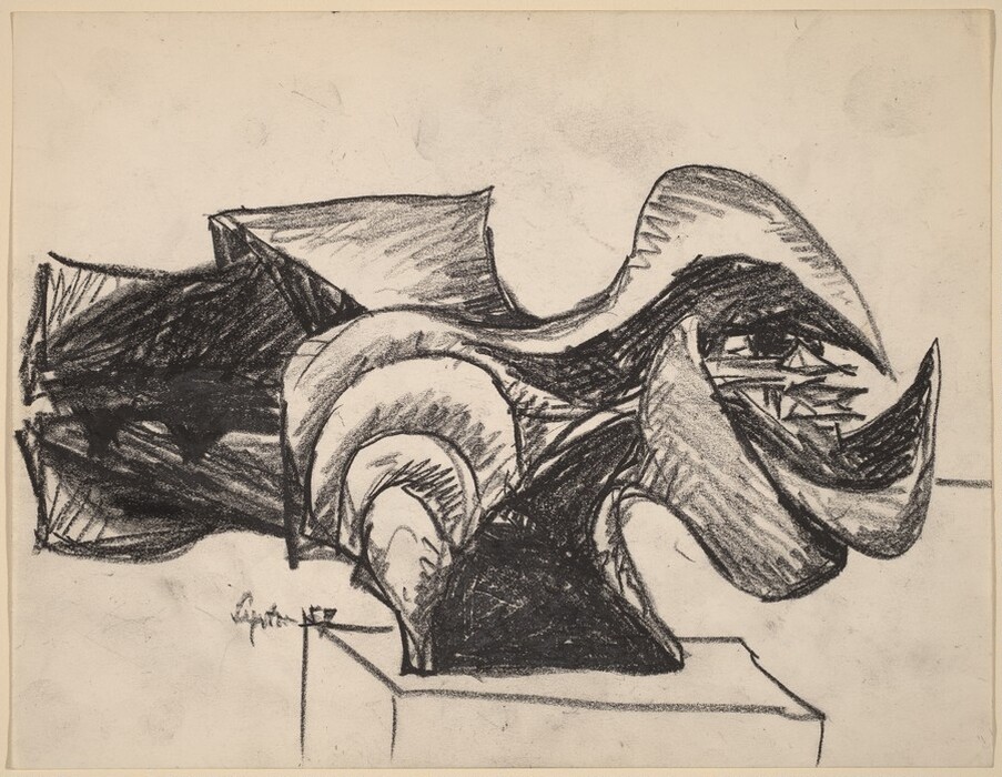The image features a complex arrangement of curving and angular lines that create a bold abstract composition. The drawing resembles an interwoven mass, with sweeping arcs suggesting wings and jagged elements hinting at teeth or claws. The forms overlap and intertwine with dynamic contrasts of light and shadow, and are situated on a base that grounds the abstract shapes in the image.