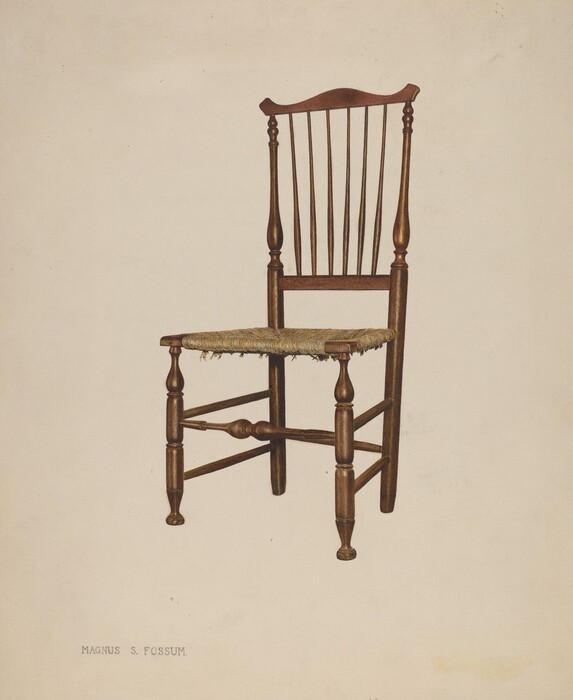 The image shows a wooden chair with a woven seat. The chair features a high back with several vertical slats and elaborately turned legs and spindles. The color palette is predominantly shades of brown, ranging from the dark wood of the chair to the lighter, natural tones of the woven seat. The chair is positioned centrally on the canvas, slightly angled to the left. The name "MAGNUS S. FOSSUM" is printed in the lower left corner of the image.