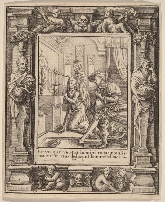 This is a drawing of a scene framed by ornate architectural elements. The central scene depicts three figures in a chapel-like interior, with one figure in the rear appearing skeletal and holding an hourglass. The other two figures are kneeling and praying towards a crucifix at the altar. The setting features large arch windows with classical detailing. Surrounding the central tableau is an elaborate frame with columns on either side, each adorned with urn-like decorations. Above and below the central scene are cherub-like figures, with skeletal motifs prominently featured, including skulls and bones.