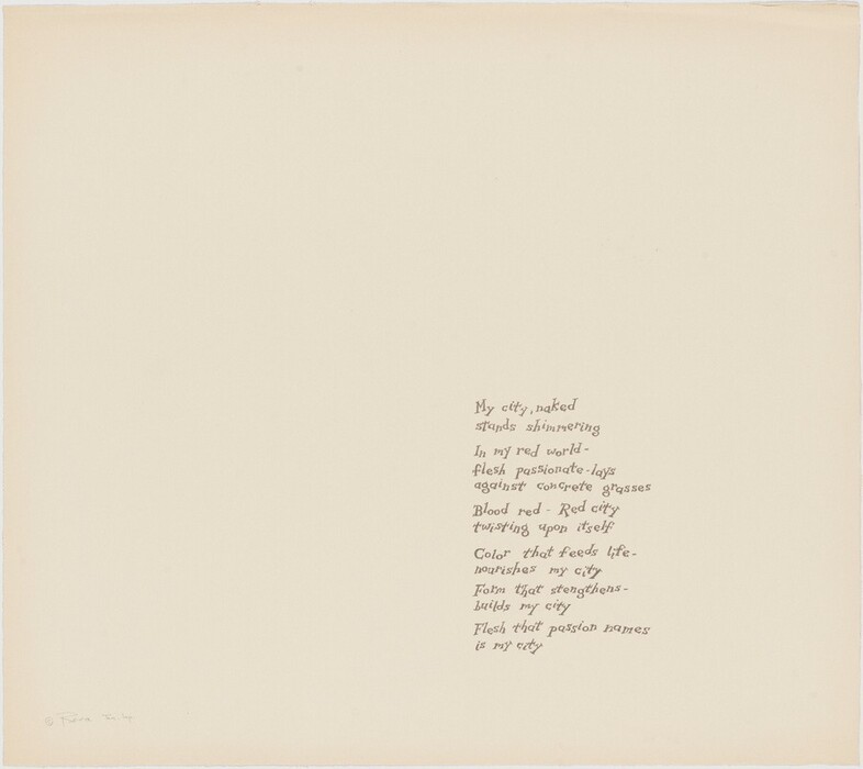 This is a drawing of a poem on a mostly blank page. The drawing features handwritten text situated on the right side of an otherwise plain, light-colored background. The text contains a poem that speaks to imagery of a city described as "naked" and "shimmering" within a red world. Mention is made of passionate flesh against concrete, a blood-red city twisting upon itself, and elements of color, form, and passion linked to the identity of the city. The overall simplicity of the visual serves to emphasize the handwritten words, drawing attention to the poem and its language.